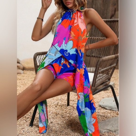Boho Floral Print Long Halter Top & Shorts - Picture 3 of 7